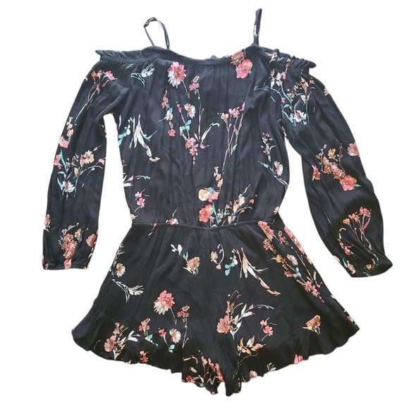 En Crème Floral Cold Shoulder Long Sleeve Black Romper Women’s XL Boho Chic - Picture 3 of 13